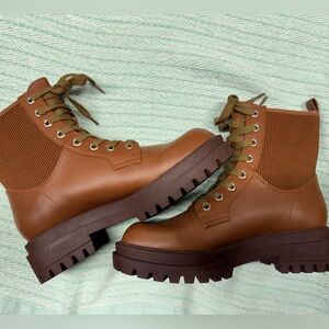 ZBY Brown Leather Round Toe Block Heel Ankle Chelsea Womens Boots Size 7.5